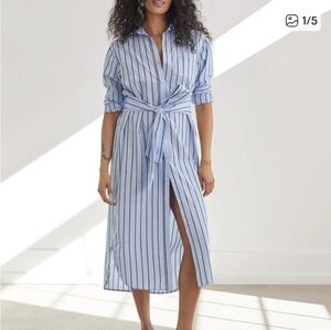 Unsubscribed Dress Shirt Size Small Chic Blue Striped Midi Dress, 100% Cotto